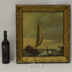 Vers 1900-1930 Peinture ancienne à l'huile Paysage avec un navire 56x52 cm