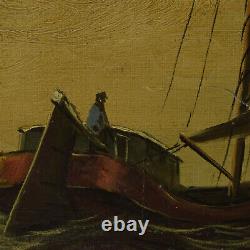 Vers 1900-1930 Peinture ancienne à l'huile Paysage avec un navire 56x52 cm