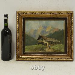 Vers 1930-1950 Peinture ancienne à l'huile paysage de montagne 40x35 cm