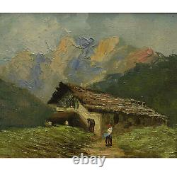 Vers 1930-1950 Peinture ancienne à l'huile paysage de montagne 40x35 cm