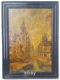 Vue de Venise Italie canal tableau ancien Huile sur carton cadre