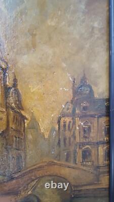 Vue de Venise Italie canal tableau ancien Huile sur carton cadre