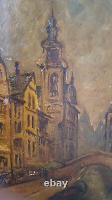 Vue de Venise Italie canal tableau ancien Huile sur carton cadre