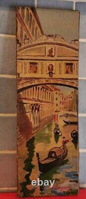Vue de Venise, ancien tableau Huile sur toile 50 x 16cm signé Company