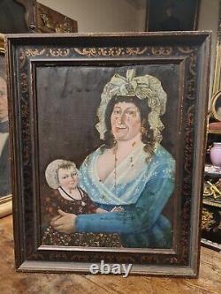 XIX ème s, ancien tableau huile sur toile mère et son enfant