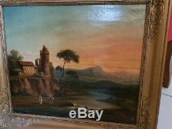 XIX ème s, ancien tableau huile sur toile paysage, cadre doré empire