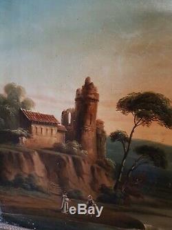 XIX ème s, ancien tableau huile sur toile paysage, cadre doré empire